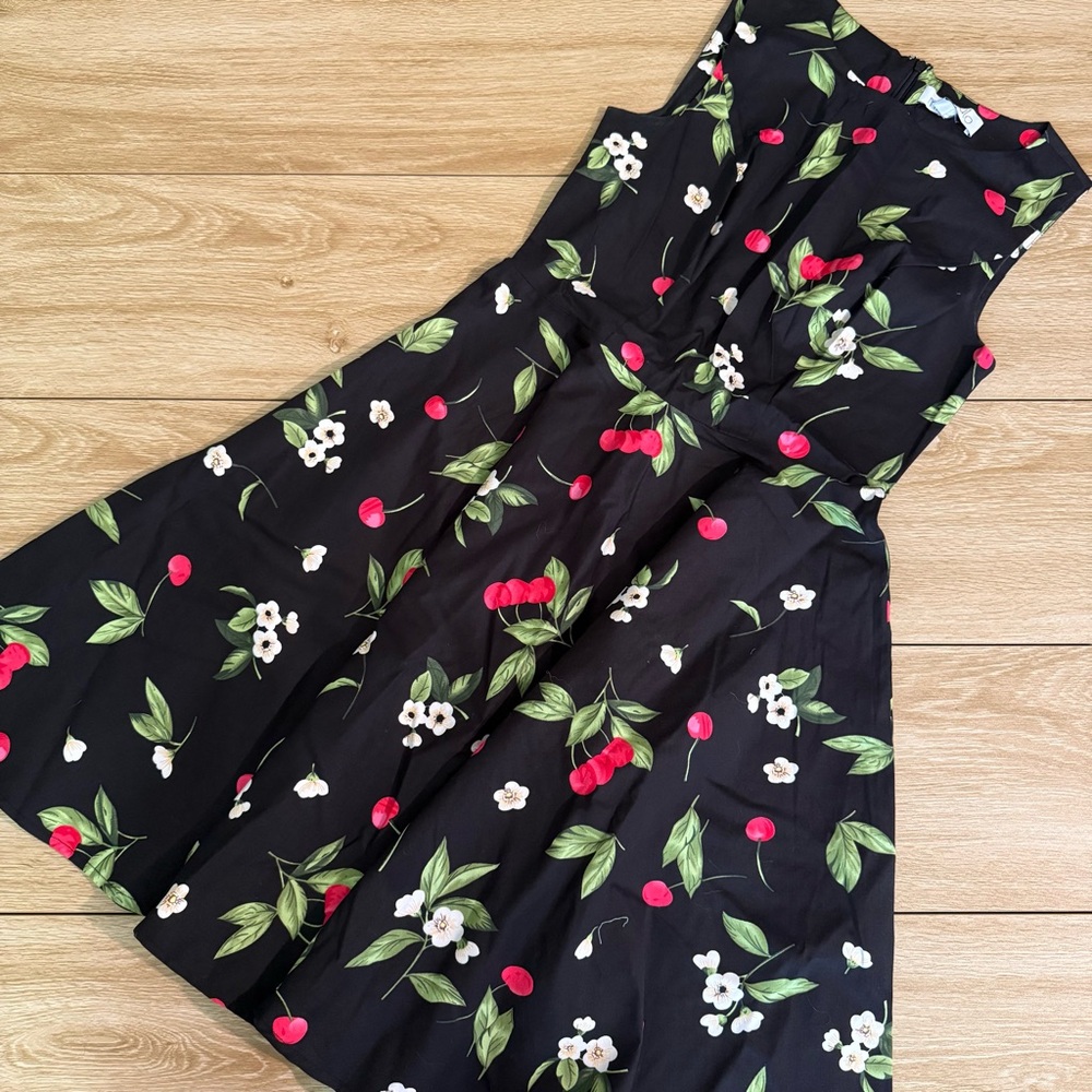 Miss Lulo Cherry Print Black A-Line Dress Size Medium